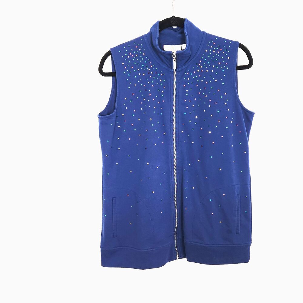 Quacker Factory Blue Rhinestone Sleeveless Sweatshirt Rainbow Zipper SMALL